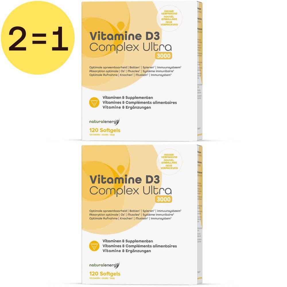 Deux boîtes de Vitamine D3 Complex Ultra 3000. Inscription : 2=1. 120 gélules. Natural Energy.