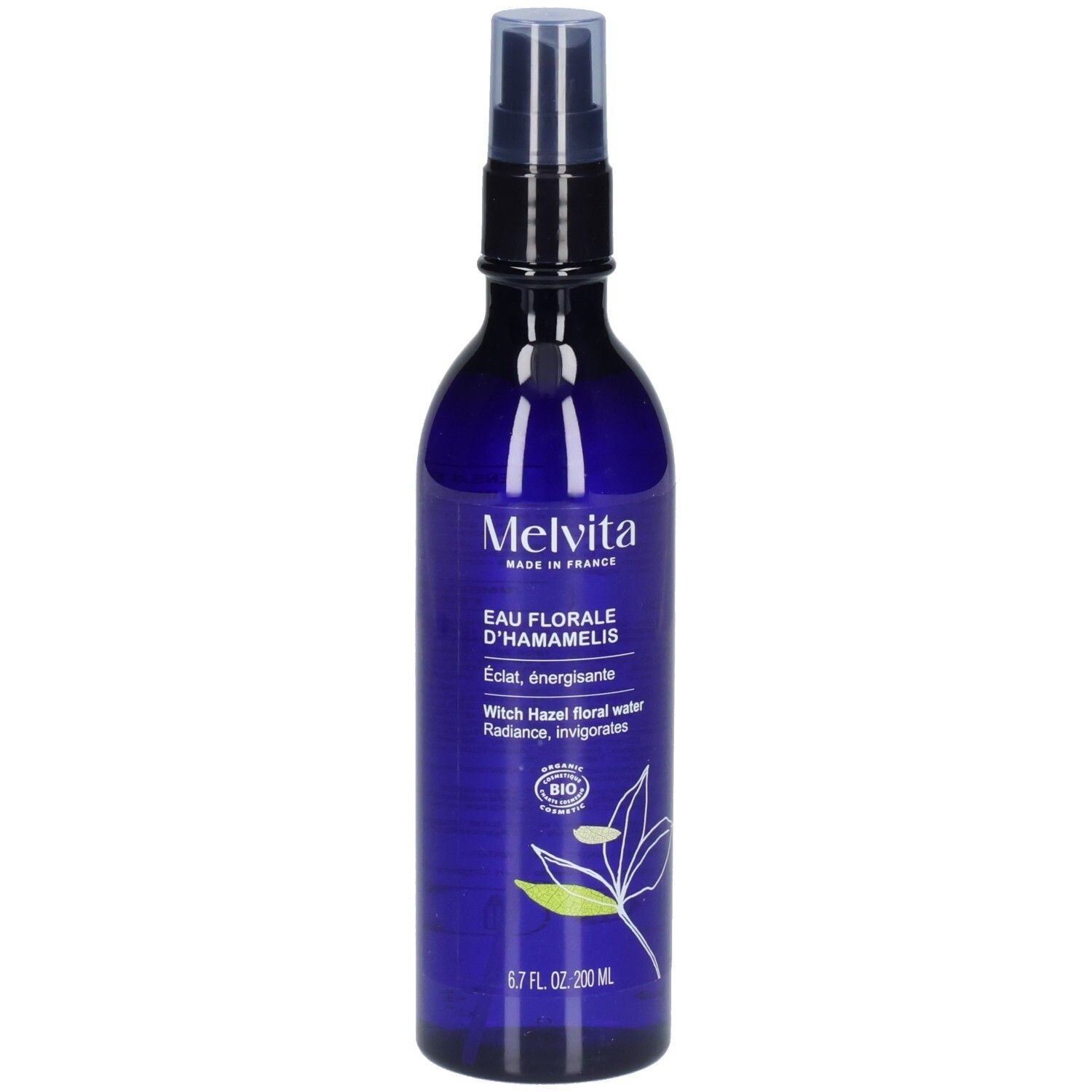 Melvita Eau Florale d’Hamamélis : flacon spray bleu avec étiquette et motif végétal.