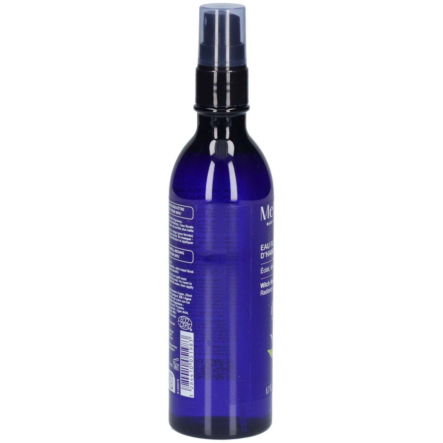 Melvita Eau Florale d’Hamamélis : arrière du flacon spray bleu avec informations produit.