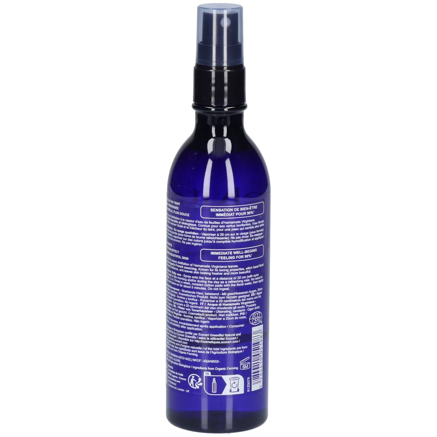 Melvita Eau Florale d’Hamamélis : vue latérale du flacon spray bleu avec informations détaillées.