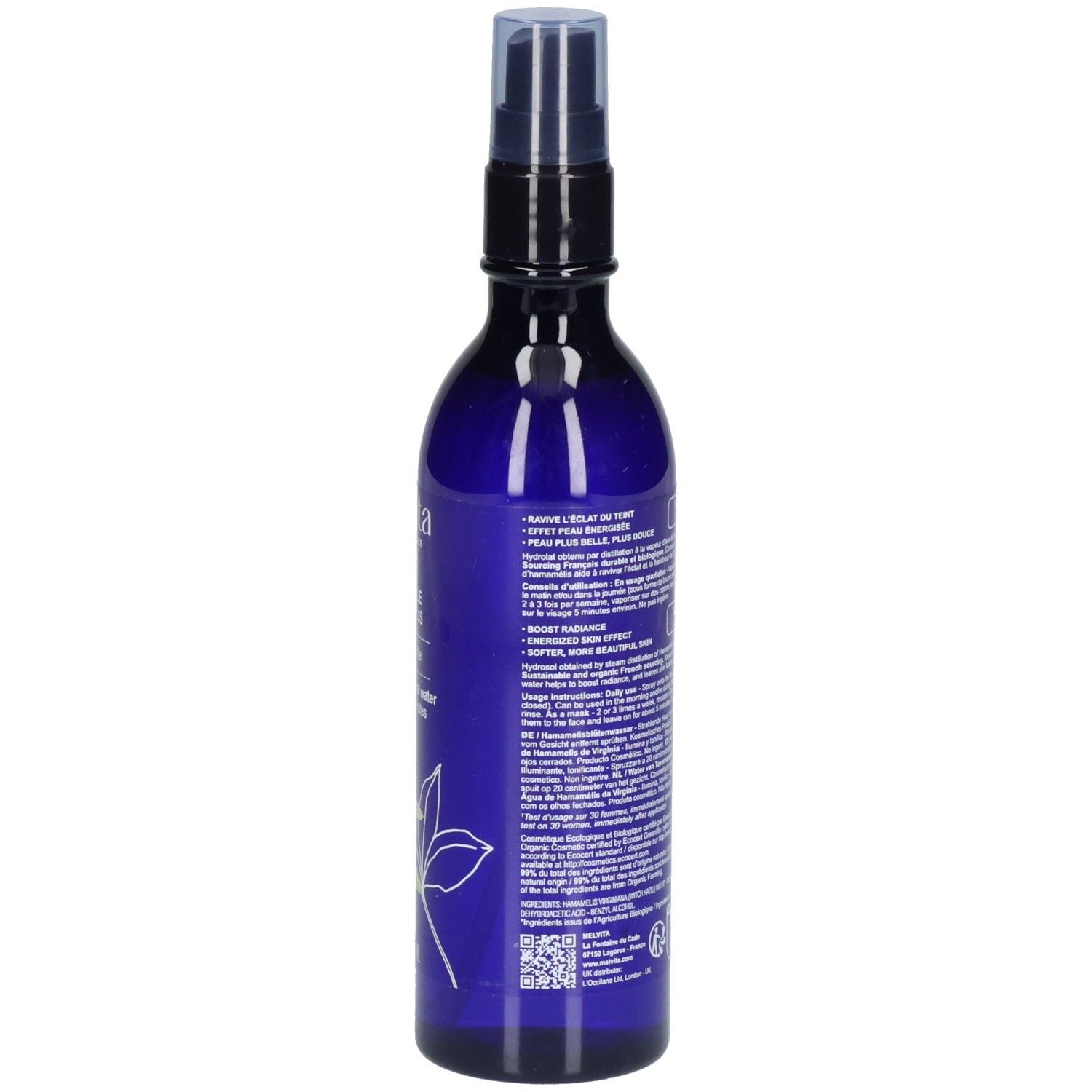Melvita Eau Florale d’Hamamélis : arrière du flacon spray bleu avec instructions d'utilisation détaillées.