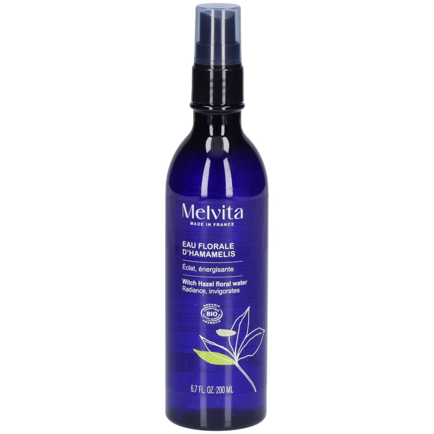 Melvita Eau Florale d’Hamamélis : flacon spray bleu avec étiquette, motif végétal et label Bio.