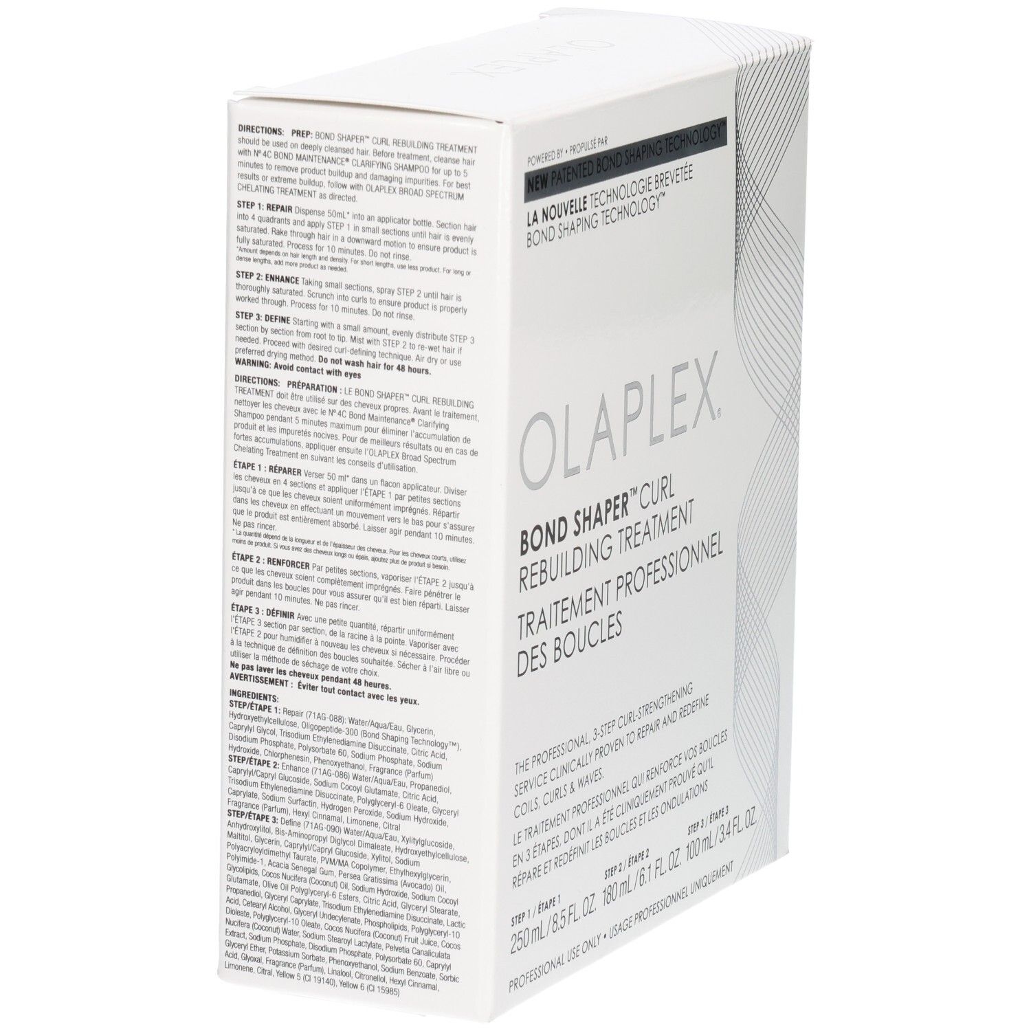 Arrière de la boîte Olaplex Bond Shaper Curl Rebuilding Treatment avec instructions et ingrédients.
