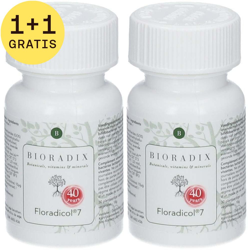 Twee witte flessen met etiketten. Opschrift: Bioradix Floradicol7. Geel etiket: 1+1 GRATIS.