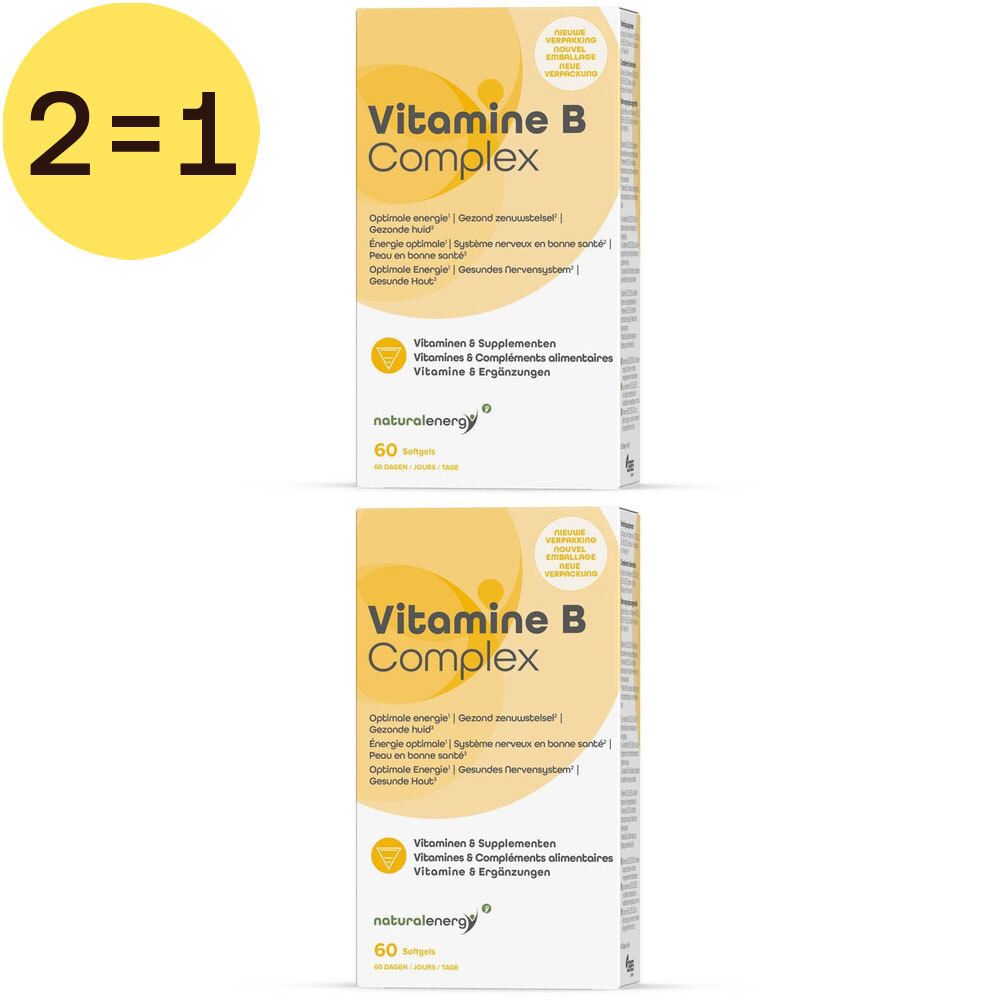 Twee verpakkingen Vitamine B Complex. Geel-witte verpakking met tekst. Opschrift: "2=1".