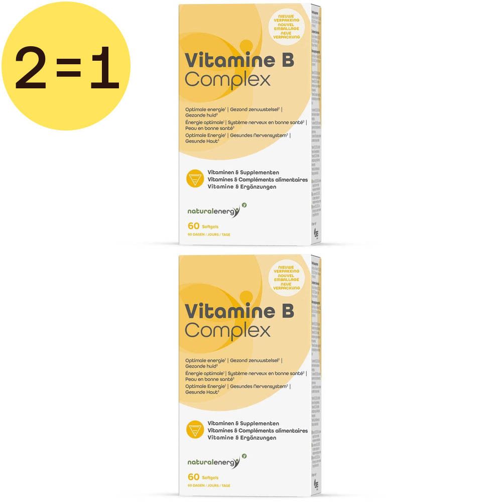 Twee verpakkingen Vitamine B Complex. Geel-witte verpakking met tekst. Opschrift: "2=1".