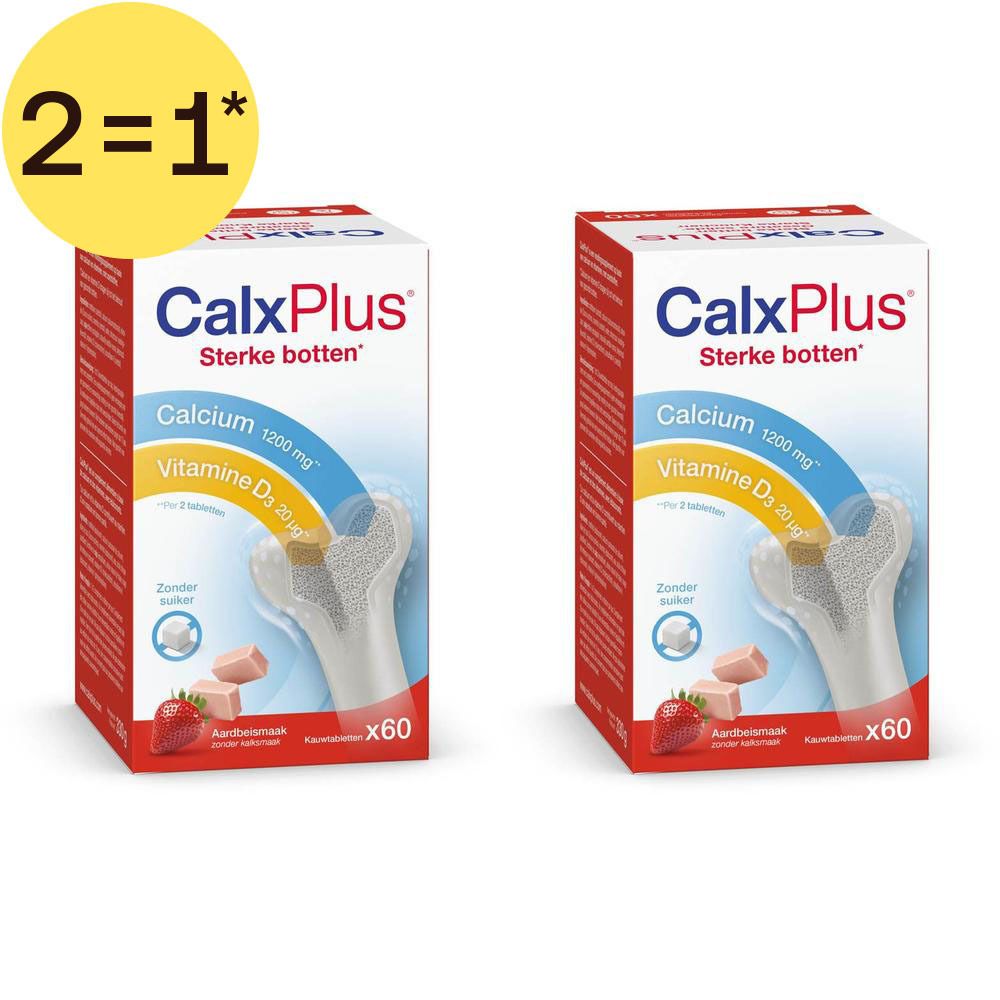 Twee dozen "CalxPlus" met sticker "1+1 GRATIS". Bevat "Ca++ 600", "Vit.D.40", "Vit.K.65".