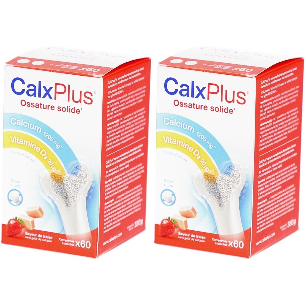 Deux boîtes rouges "CalxPlus", avec "Calcium 1200 mg" et "Vitamine D3 30 μg". Illustration d'un os.