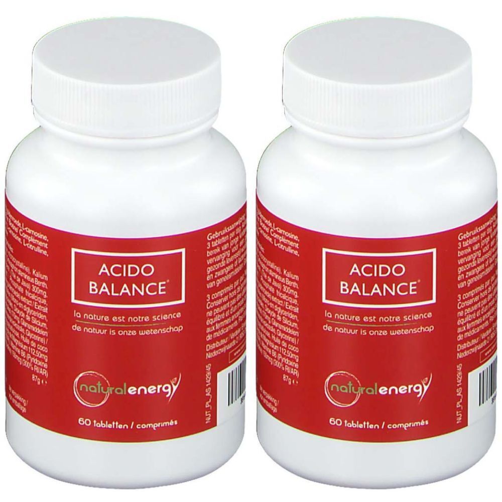 Twee witte flessen met rood etiket. Op het etiket staat "ACIDO BALANCE" en "naturalenergy".