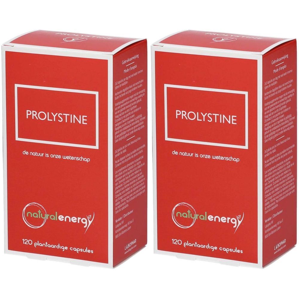 Deux boîtes rouges avec "PROLYSTINE". Logo "naturalenergy" et texte en dessous. Inscription : "120 plantaardige capsules".