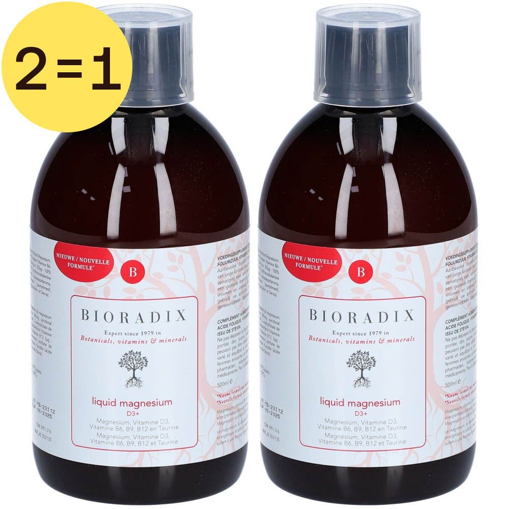 Twee flessen Bioradix Biotoop Magnésium D3+. Opschrift: liquid magnesium D3+. 2=1-aanbieding.