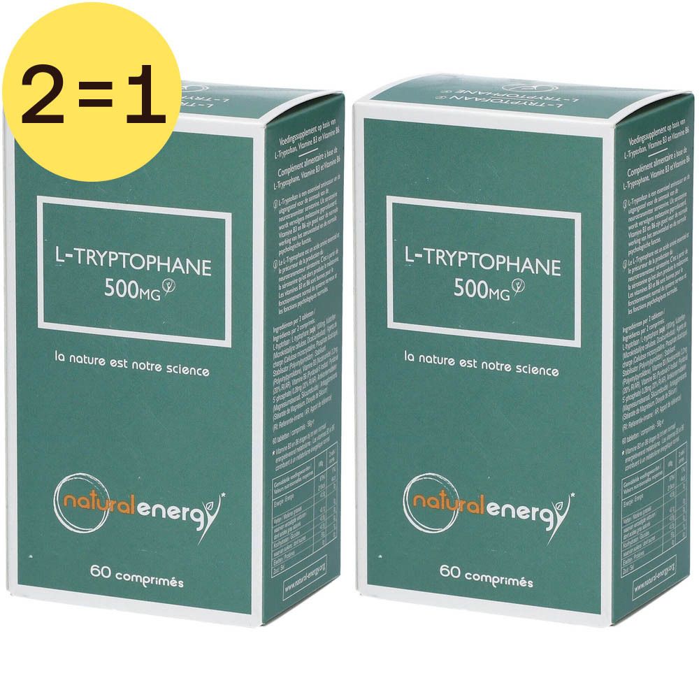 Twee groene dozen "L-Tryptofaan 500mg". Merk "Natural Energy" en "60 comprimés". Gele cirkel "2=1".