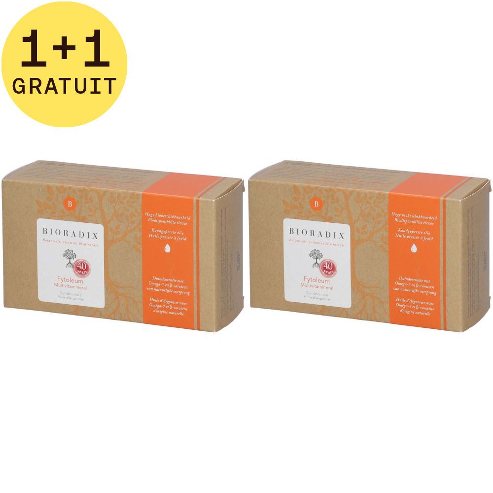 Deux boîtes de Bioradix Fytoleum Multivitamineral. Boîtes marron avec étiquette blanche et bande orange. Inscription '1+1 GRATUIT'.
