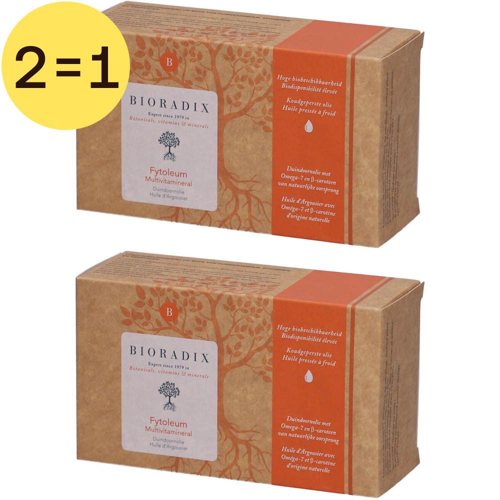 Deux boîtes de Bioradix Fytoleum Multivitamineral. Boîtes marron avec étiquette blanche et bande orange. Inscription '2=1'.
