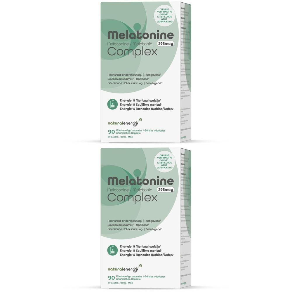 Twee dozen Melatonine Complex. Opschrift: 1+1 GRATIS. Groen-witte verpakking met productinformatie en logo.