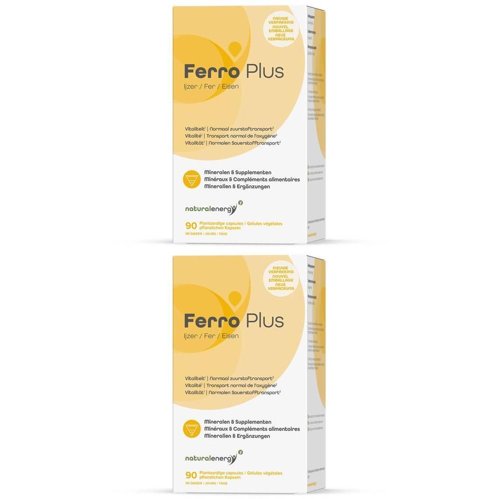 Twee verpakkingen Ferro Plus, voedingssupplement met ijzer.