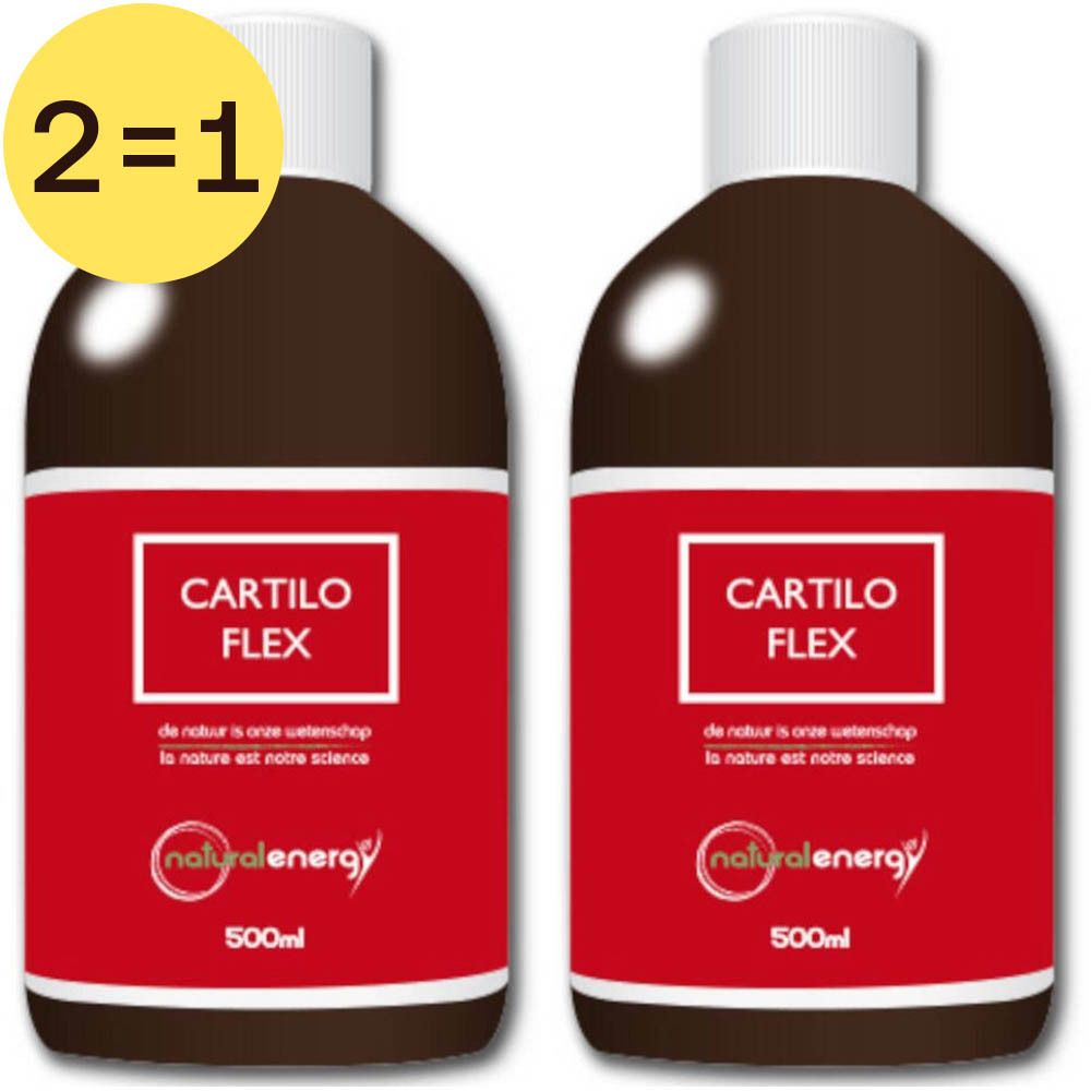 Twee flessen met rood etiket. Opschrift CARTILO FLEX, Natural Energy en 500ml. Gele cirkel met "2=1".