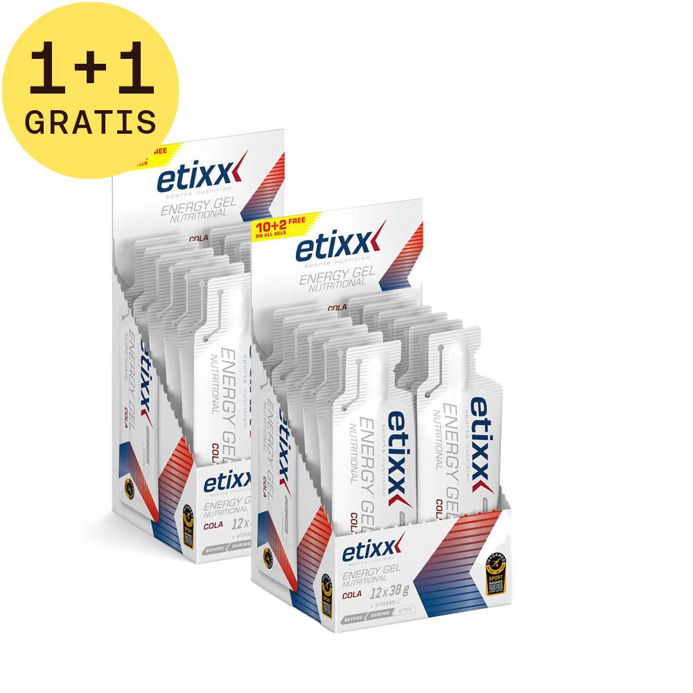 Twee displays met Etixx Energy Gel Cola. Individuele witte zakjes. Opschrift "1+1 GRATIS". 