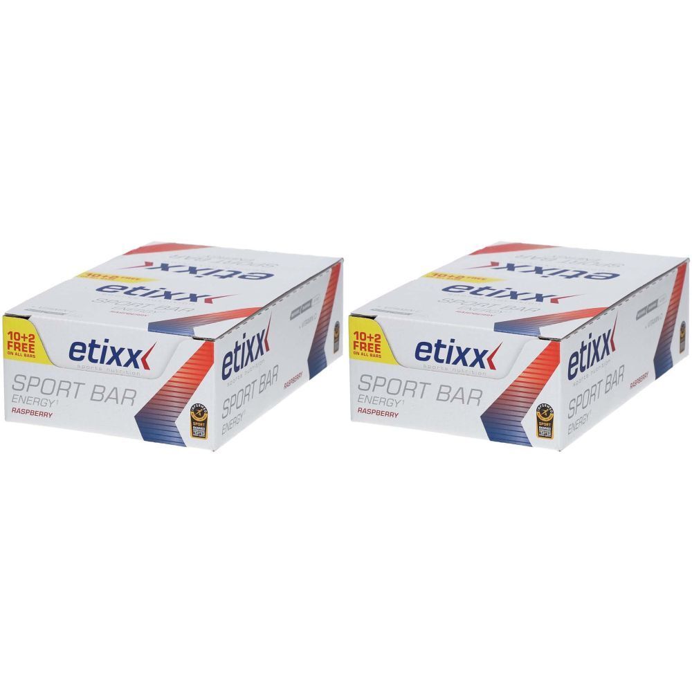Deux boîtes de barres énergétiques Etixx. Blanches avec texte rouge et bleu. Inscription : Sport Bar, Energy, 10+2 Free.