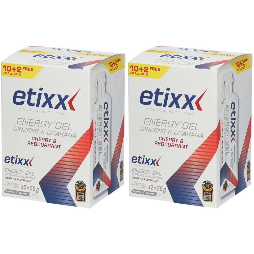 Twee dozen Etixx Energy Gel. Opschrift: Ginseng & Guarana, Cherry & Redcurrant. 12x50g. Met 10+2 gratis.