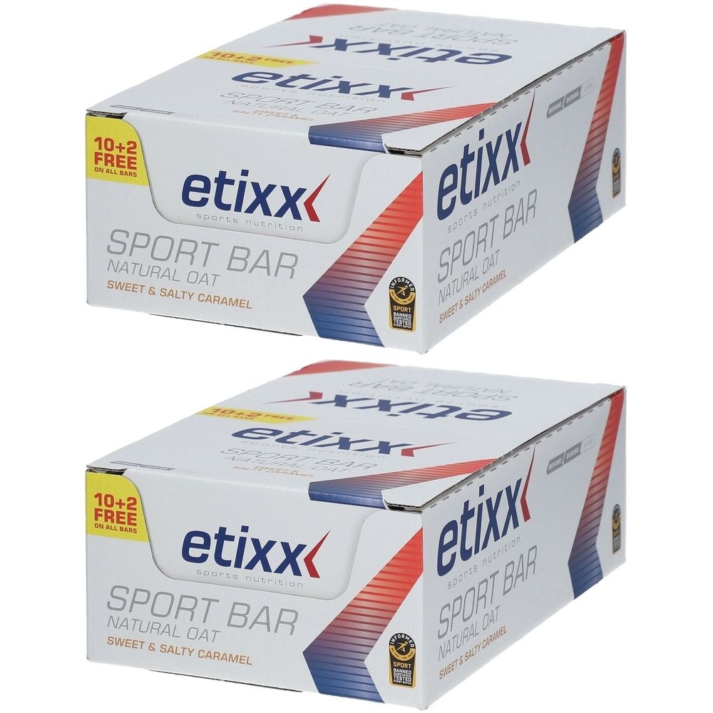 Twee dozen Etixx Sport Bar. Opschrift: Natural Oat, Sweet & Salty Caramel. 10+2 gratis. Logo en kwaliteitslabel.