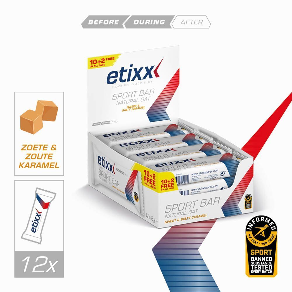 Open doos Etixx sportrepen "Natural Oat Sweet & Salty Caramel", 10+2 gratis.