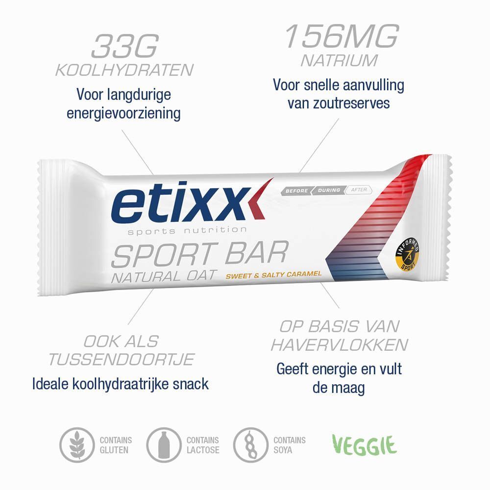 Etixx sportrepen "Natural Oat Sweet & Salty Caramel" met karamelblokjes en individuele verpakking.