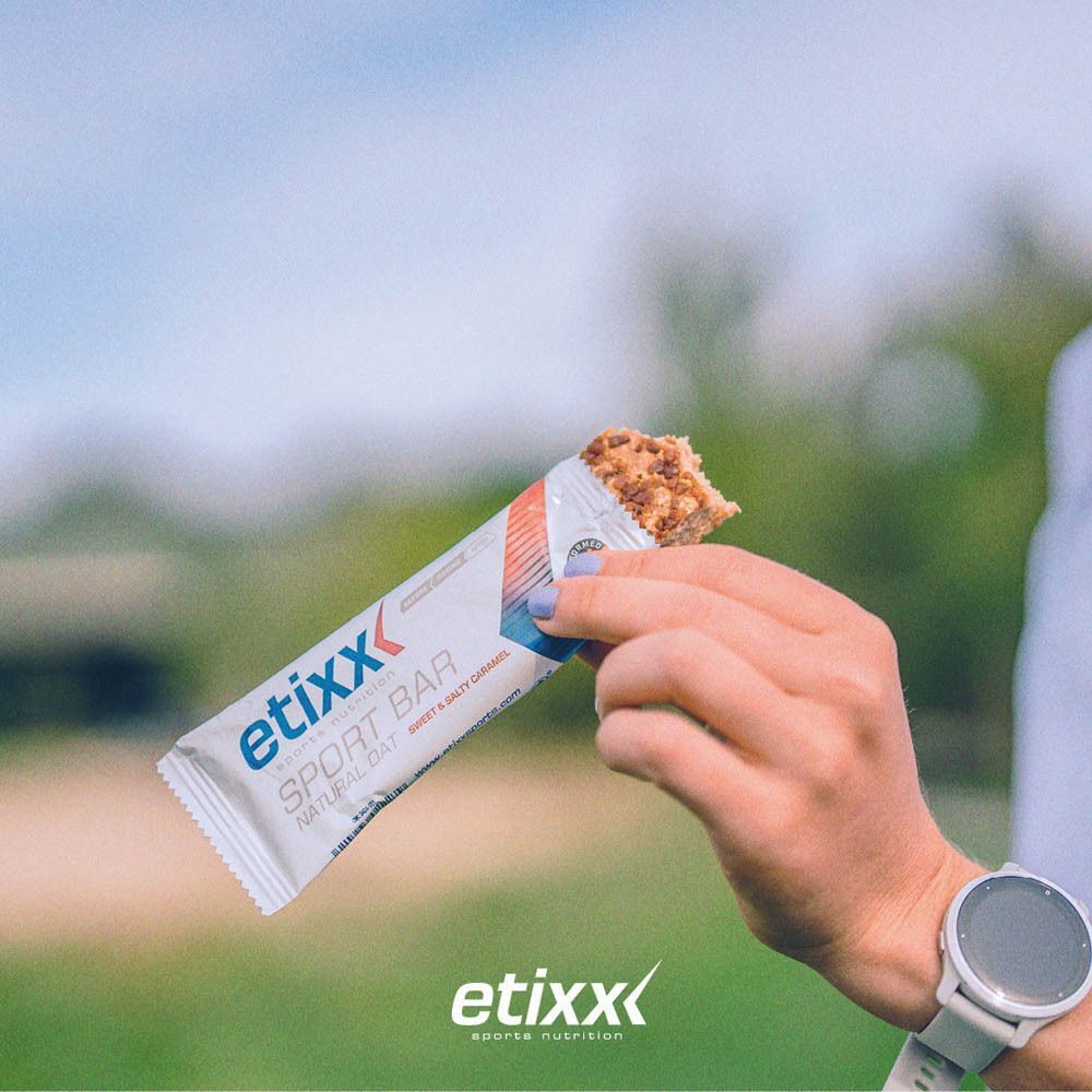 Barre etixx, caramel sucré et salé. Informations nutritionnelles. Contient gluten, lactose, soja. Végétarien.