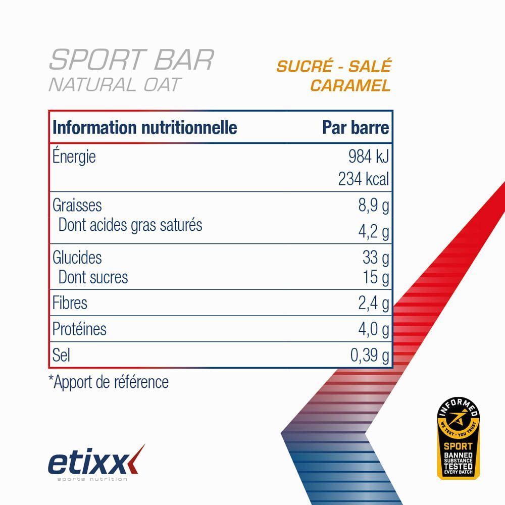 Informations nutritionnelles de la barre etixx, caramel sucré et salé. Certification.