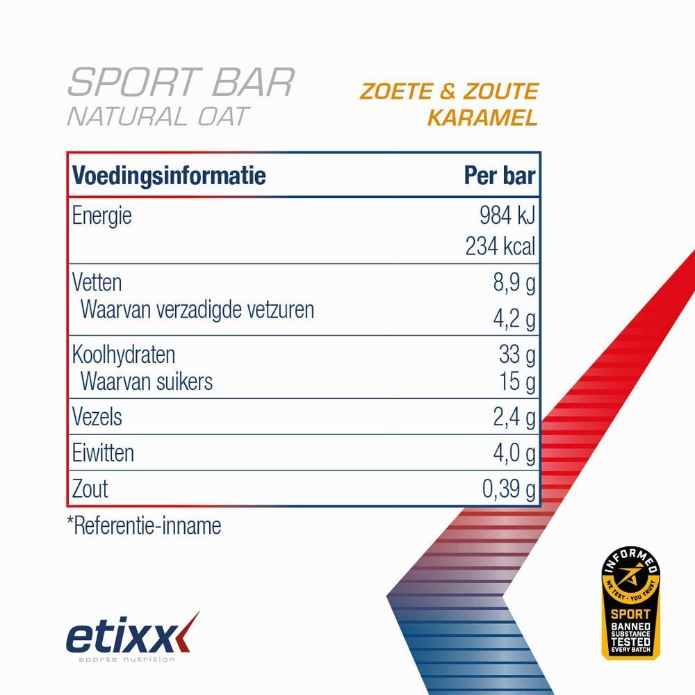 Hardloper houdt een Etixx sportreep "Natural Oat Sweet & Salty Caramel" vast tijdens het sporten.