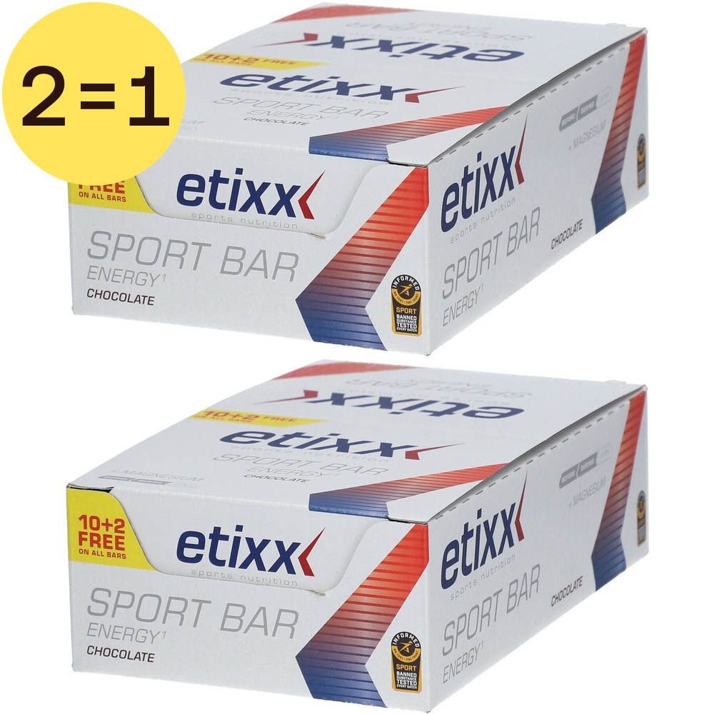 Deux boîtes de barres énergétiques Etixx. Inscription : "Energy Chocolate". Étiquette jaune : "2=1".