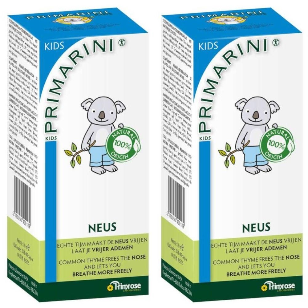 Twee dozen Primarini Kids. Blauw-witte verpakking met koala-illustratie en tekst. Bevat informatie over de ingrediënten.