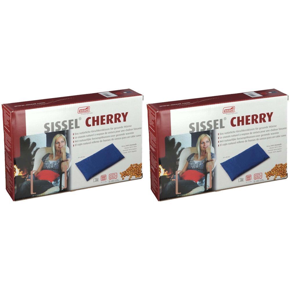Twee productverpakkingen. Opschrift: Sissel Cherry. Een blauw kussen afgebeeld. Op de verpakking is een vrouw te zien.