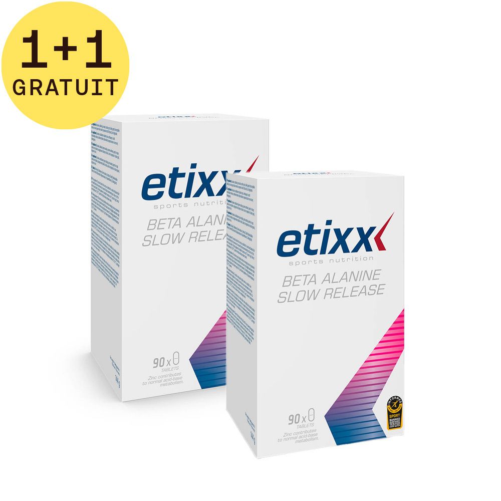 Deux boîtes Etixx Beta Alanine Slow Release. Inscription 1+1 GRATUIT. Emballage rose et blanc avec logo et informations produit.