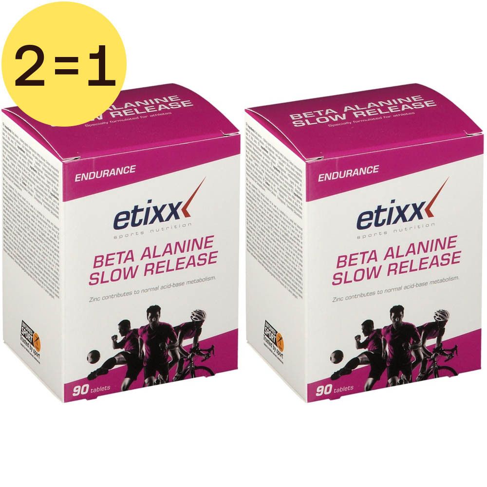 Deux boîtes Etixx Beta Alanine Slow Release. Inscription 2=1. Emballage rose et blanc avec logo et informations produit.