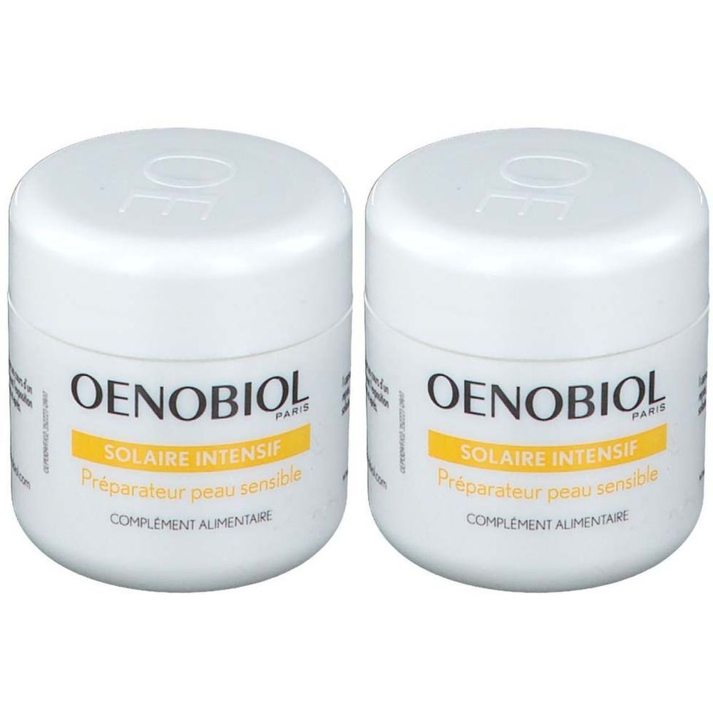 Twee witte potten met deksels. Opschrift OENOBIOL, Solaire Intensif, Préparateur peau sensible, Complément alimentaire.