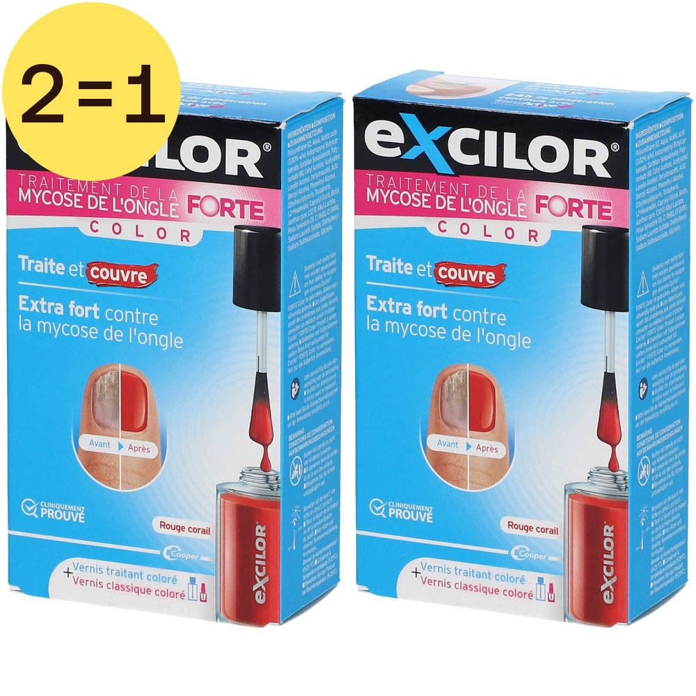 Deux boîtes Excilor® Forte, traitement de la mycose de l'ongle. Emballage bleu, flacon de vernis rouge, 2 pour 1.