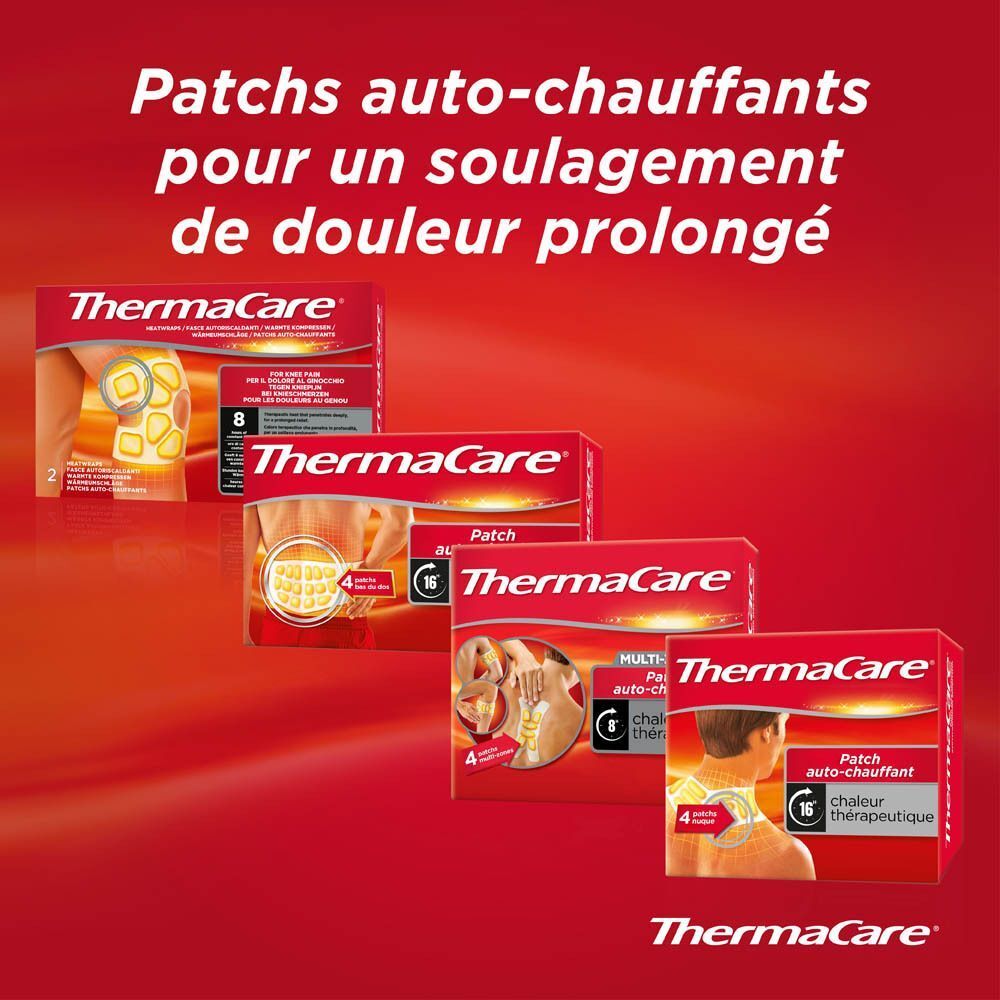 Différents emballages ThermaCare. Texte : Patchs auto-chauffants pour un soulagement prolongé de la douleur. Logo ThermaCare.