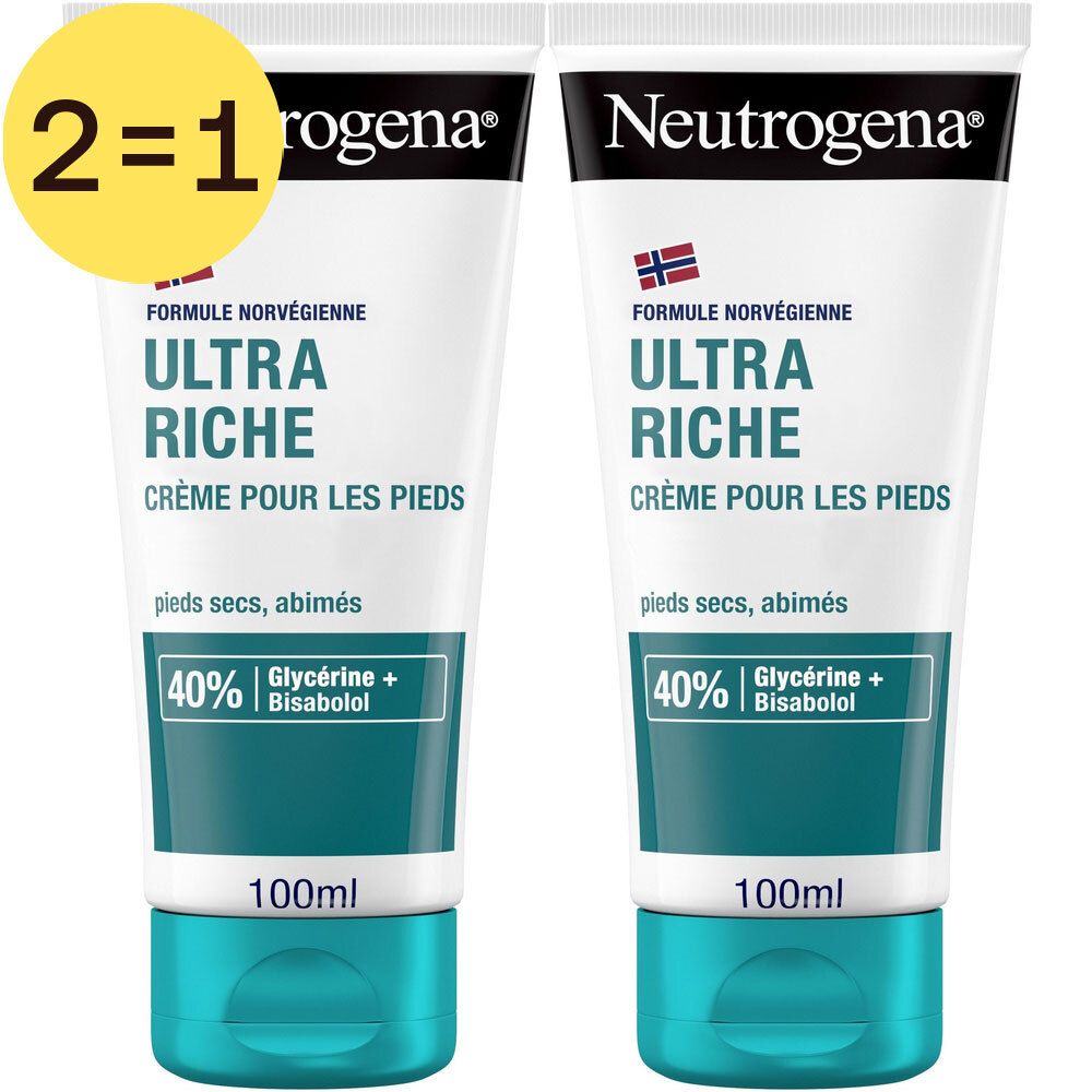 Deux tubes de crème pour les pieds Neutrogena. Tubes blancs avec texte bleu et drapeau norvégien. Inscription : Ultra Riche.