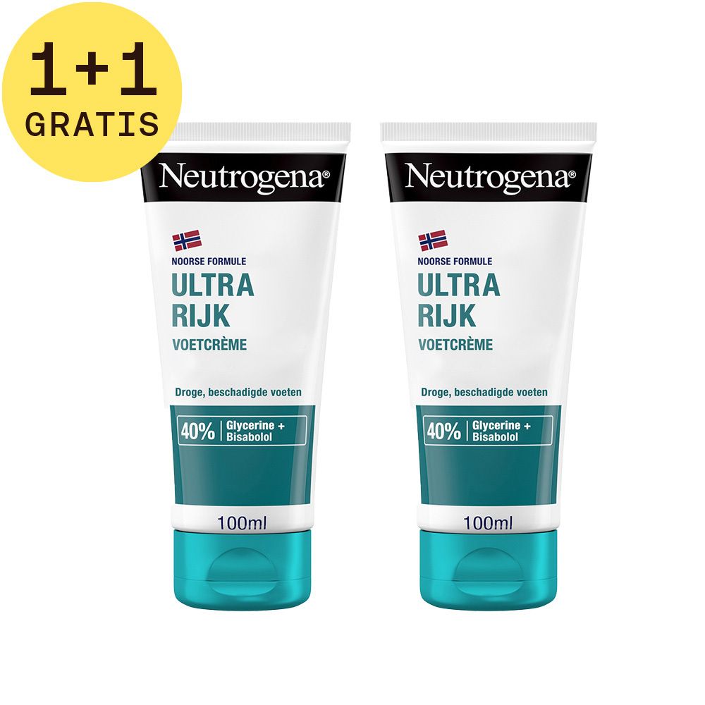 Twee tubes Neutrogena voetcrème. Witte tubes met blauwe tekst en Noorse vlag. Opschrift: Ultra Rijk.