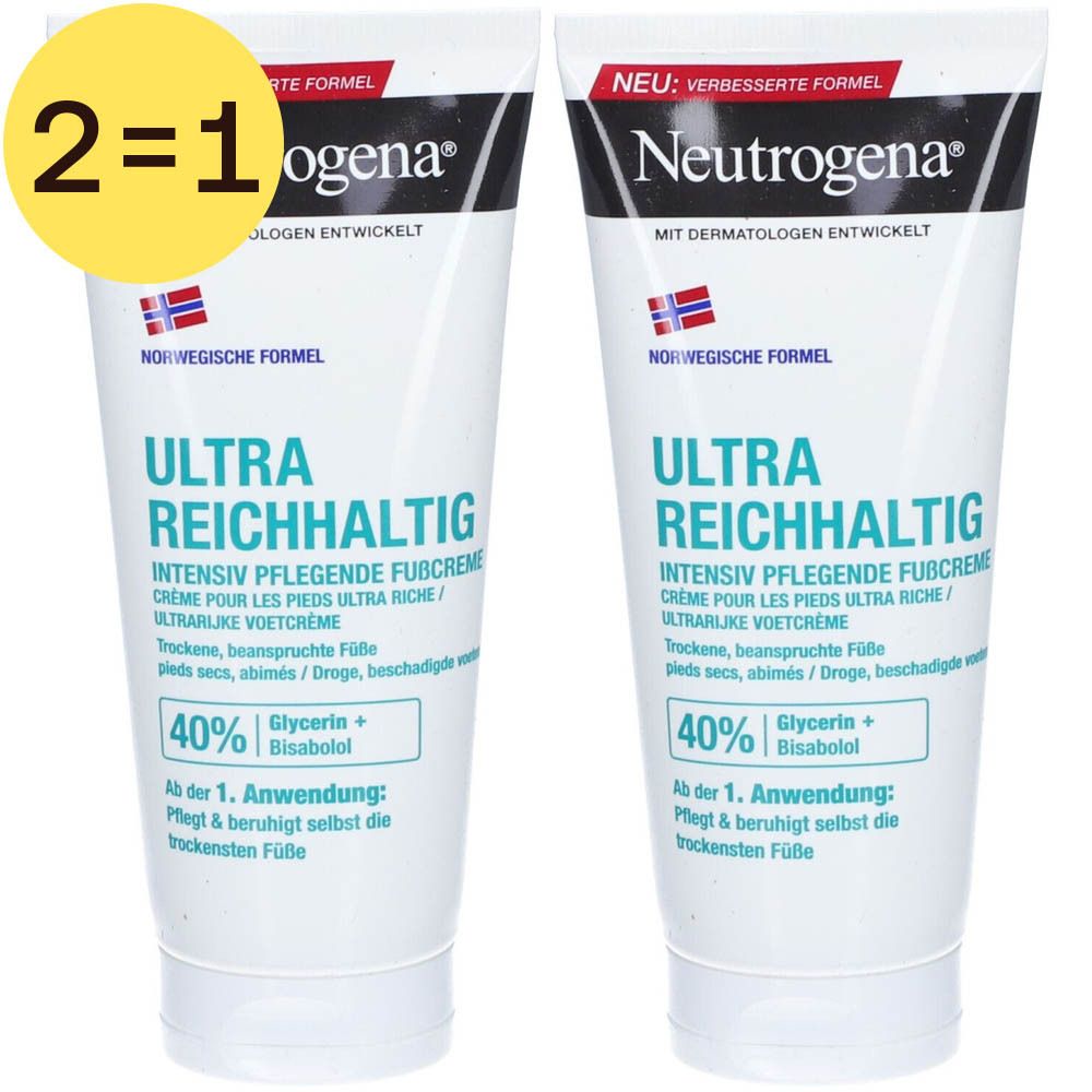 Deux tubes de crème pour les pieds Neutrogena. Tubes blancs avec texte bleu et drapeau norvégien. Inscription : Ultra Riche.