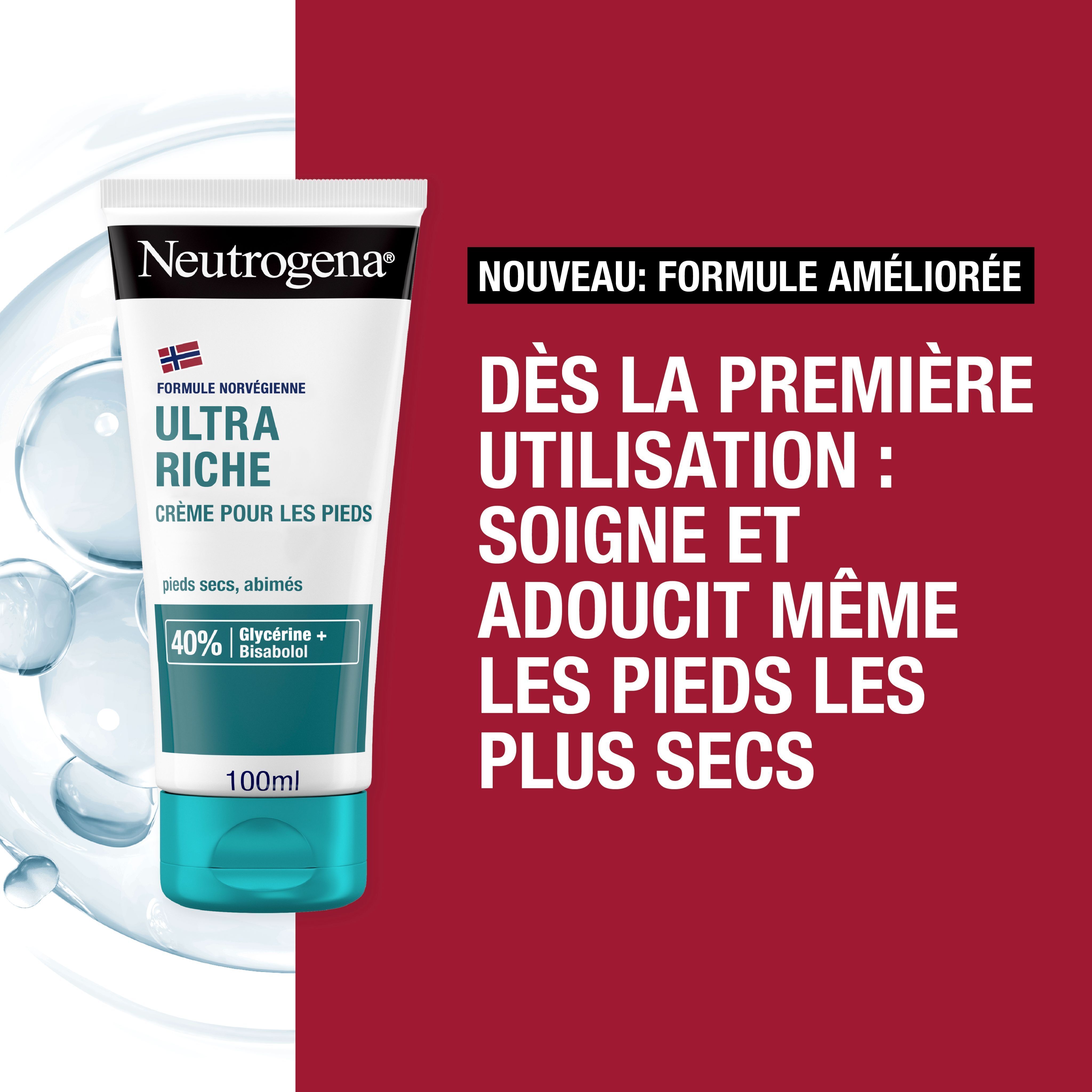 Neutrogena® Formule Norvégienne Ultra Riche Crème pour les Pieds avec texte "Nouveau: Formule améliorée".