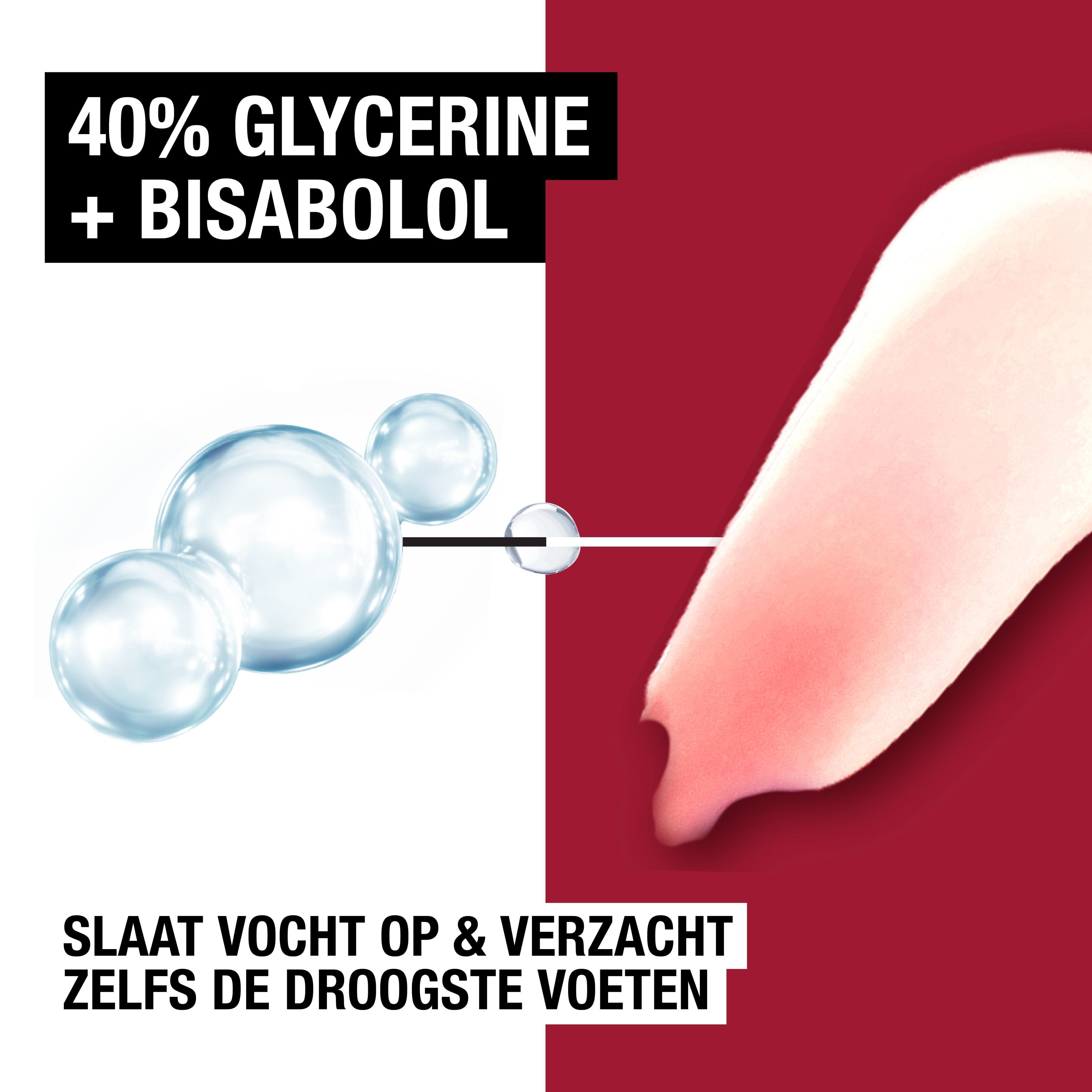 40% Glycerine + Bisabolol. Blauwe druppels en crème. Tekst: Slaat vocht op & verzacht zelfs de droogste voeten.