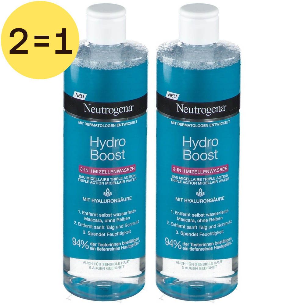 Twee flessen Neutrogena Hydro Boost Micellair Water. Blauwe etiketten met witte tekst. Opschrift: 3-in-1, Hyaluronzuur. Geel 2=1-label.