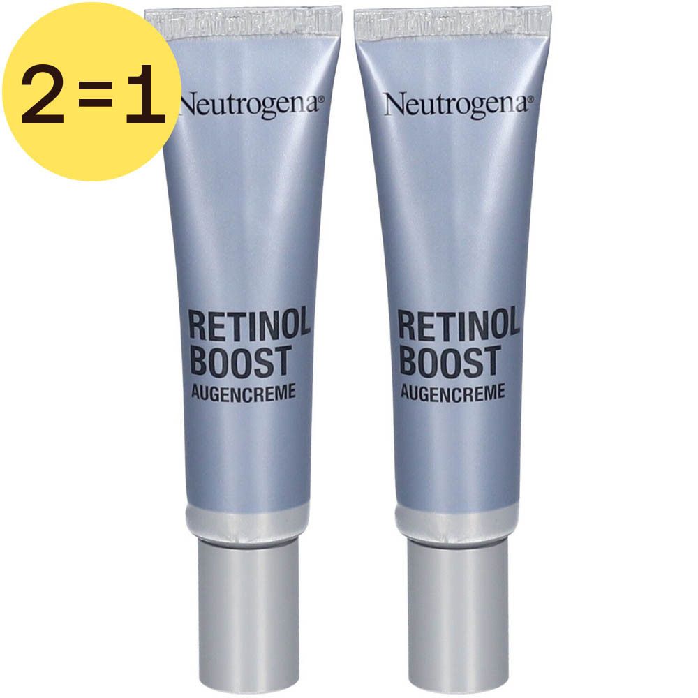 Deux tubes de crème pour les yeux. Inscription: Retinol Boost, Augencrème. Bouchons argentés. Label jaune 2=1.