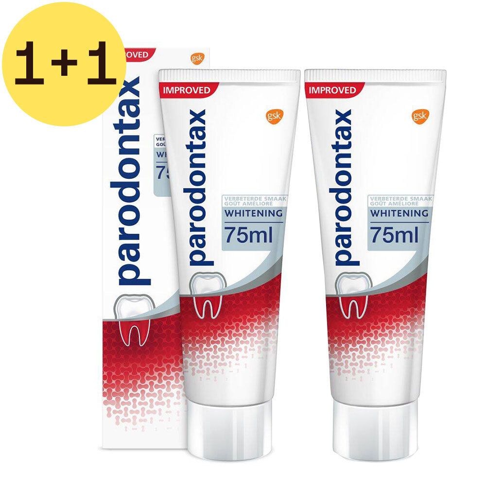 Deux tubes de dentifrice "Whitening" et "75ml". Emballage promotionnel "1+1".