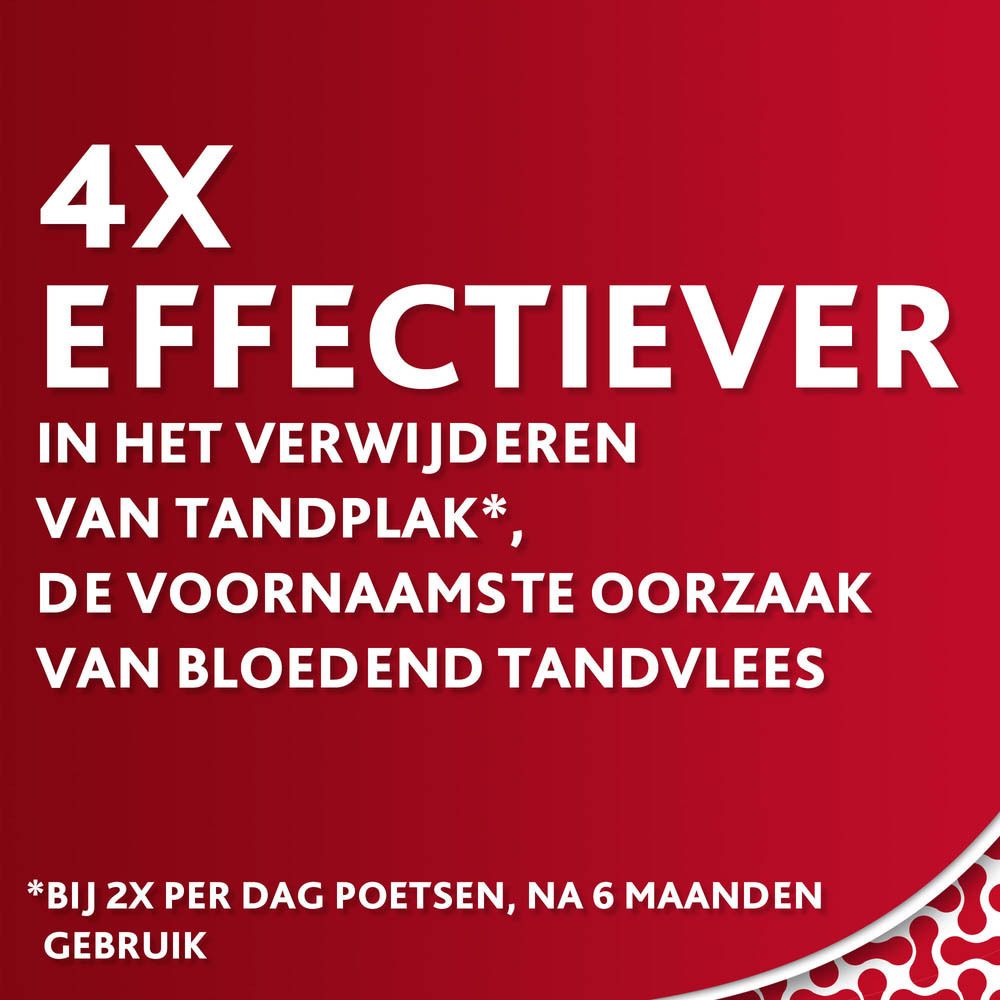 Tekst: 4X EFFECTIEVER. Voor het verwijderen van tandplak, de voornaamste oorzaak van bloedend tandvlees. Poets 2x per dag, na 6 maanden.