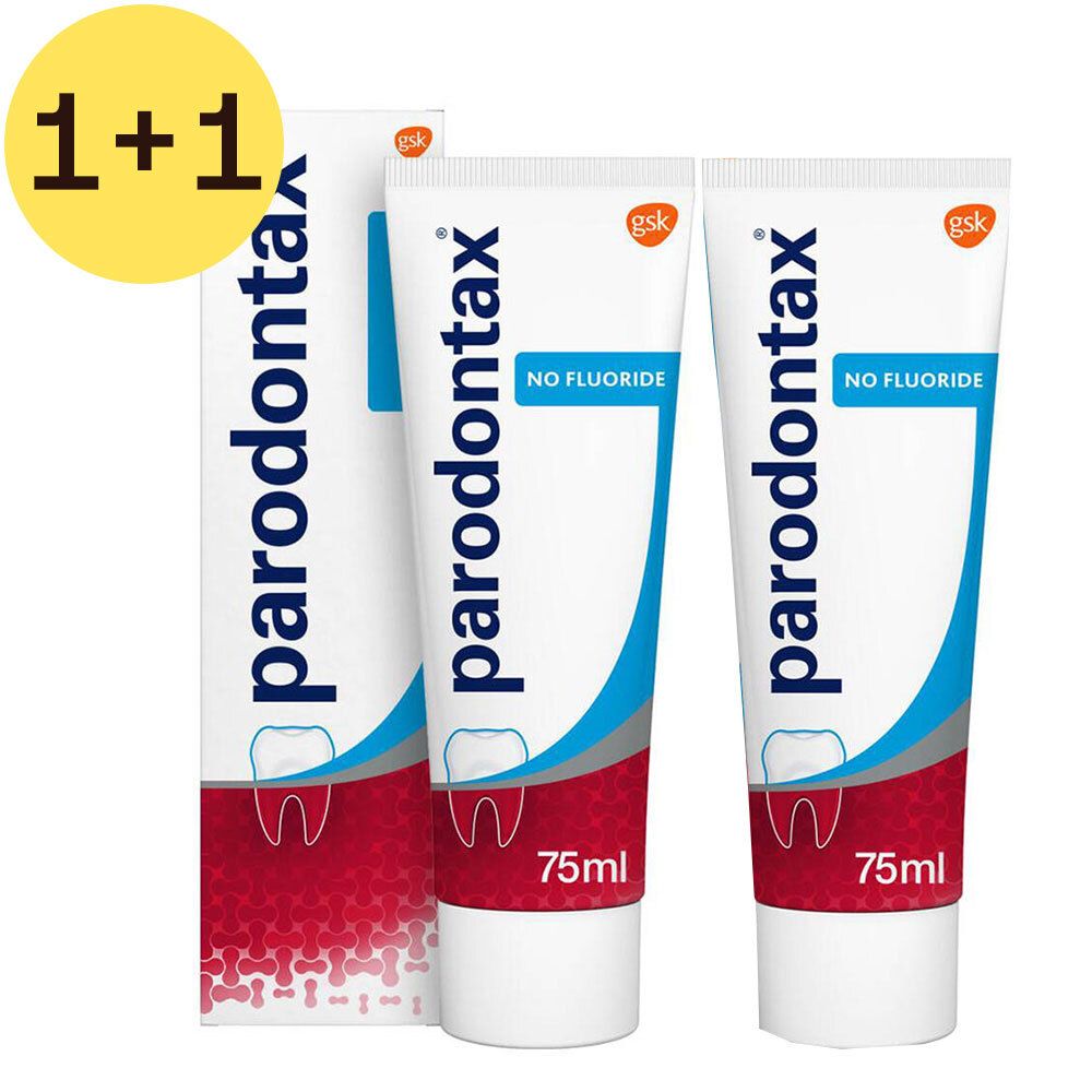 Emballage de dentifrice avec deux tubes. Inscription: Parodontax, No Fluoride, 75ml. Étiquette promo jaune 1+1.