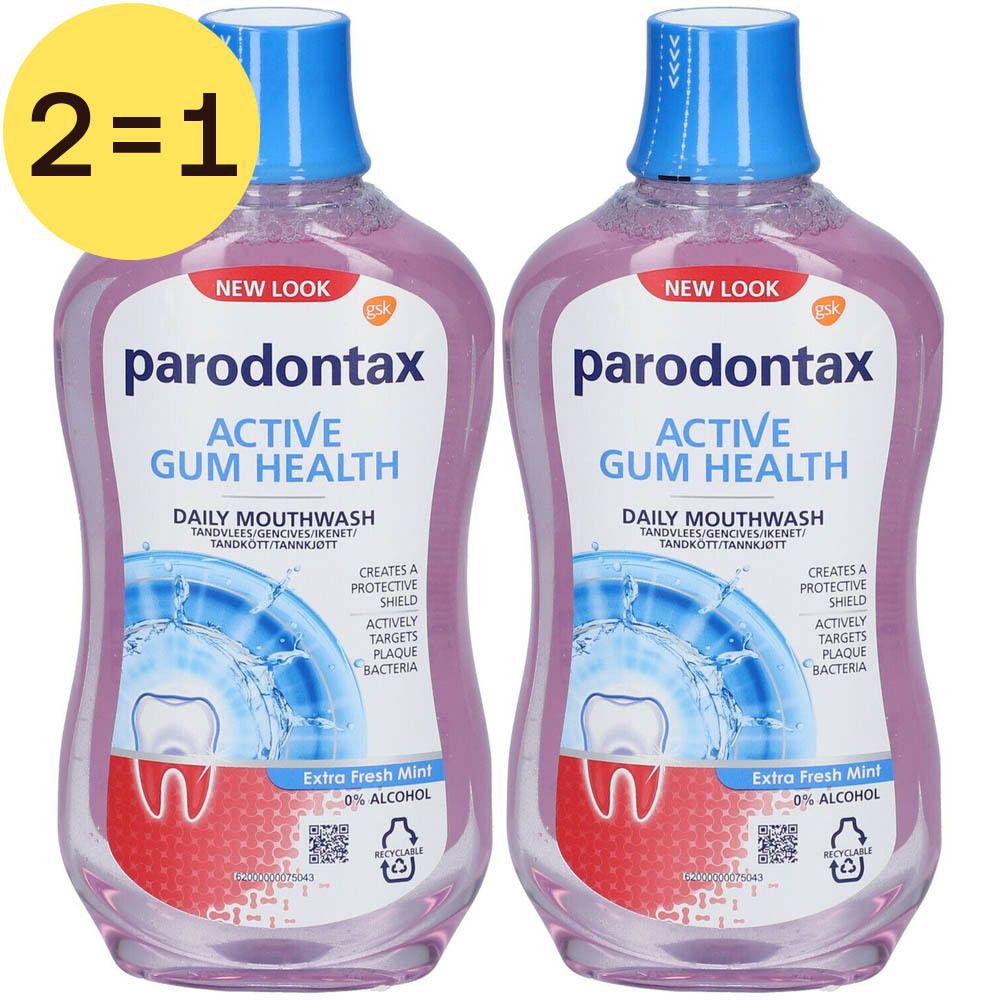 Deux flacons de bain de bouche Parodontax Active Gum Health, bouchon bleu. Extra Fresh Mint, 0% alcool. Offre 2=1.