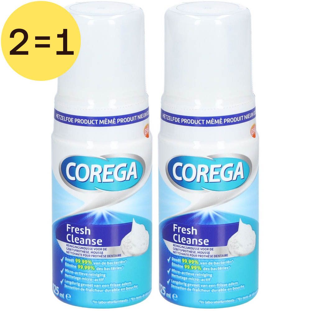 Deux flacons de Corega Fresh Cleanse Mousse. Emballage bleu et blanc avec nom du produit et illustration de mousse. Offre 2 pour 1.